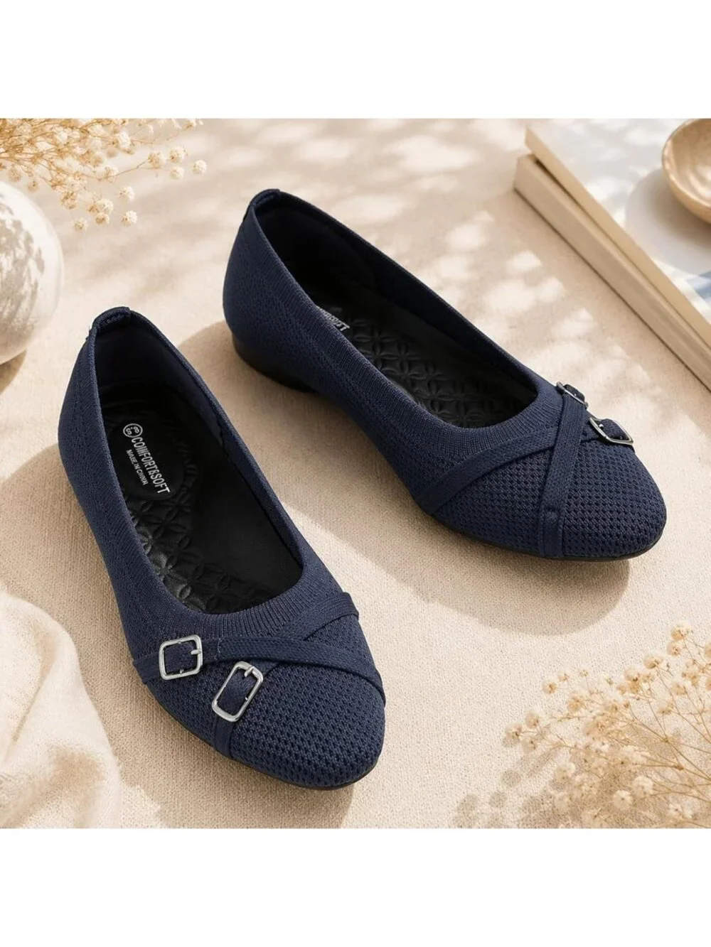 Women's Navy Blue Ballet Flats Dress Work Business Casual Buckle Comfort Shoes
